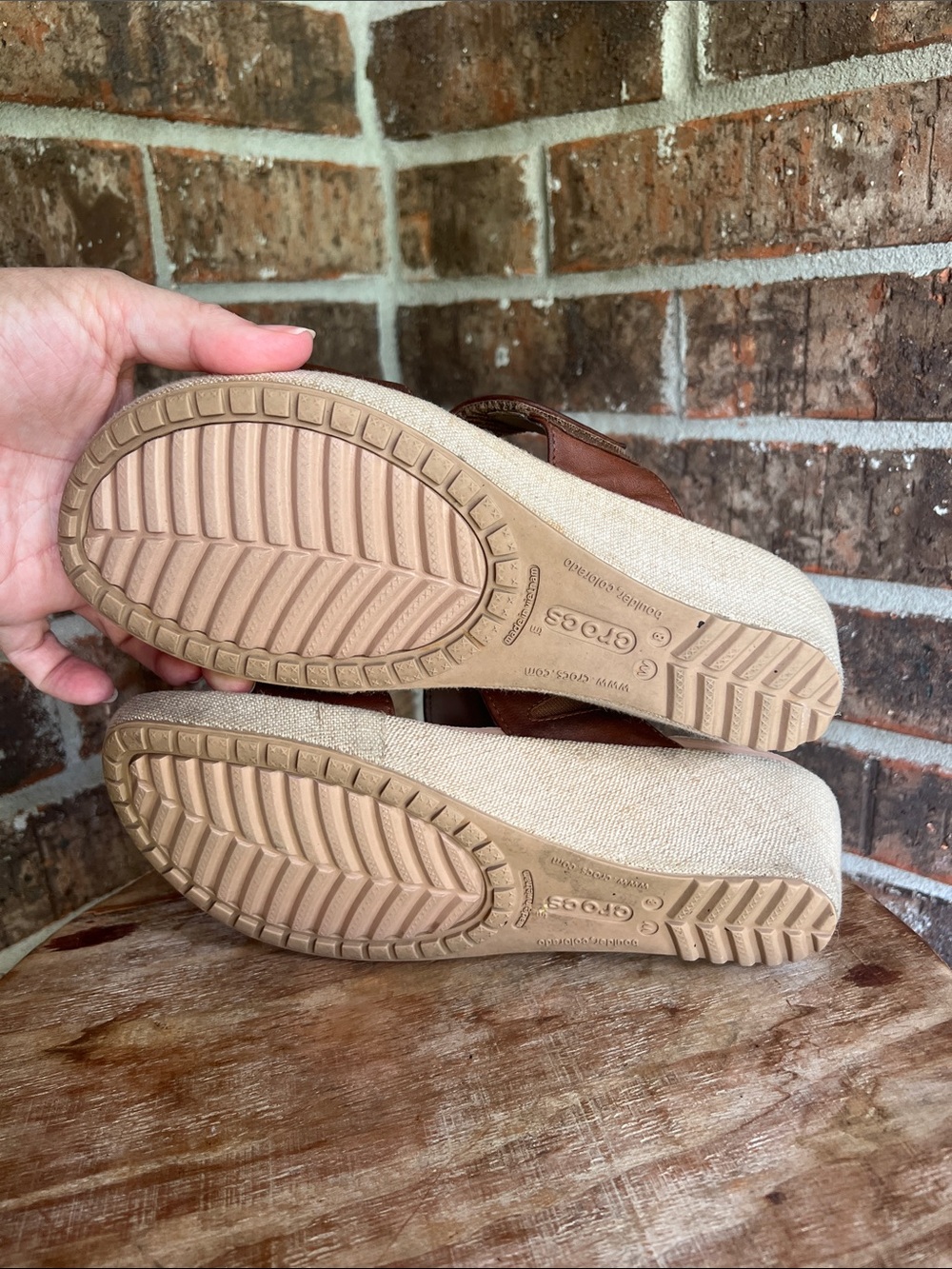CROCS Brown Leather-Look Double Strap Sandals - Picture 3 of 10
